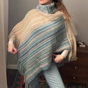 Vintage Fringe Poncho Turtleneck Sweater - S